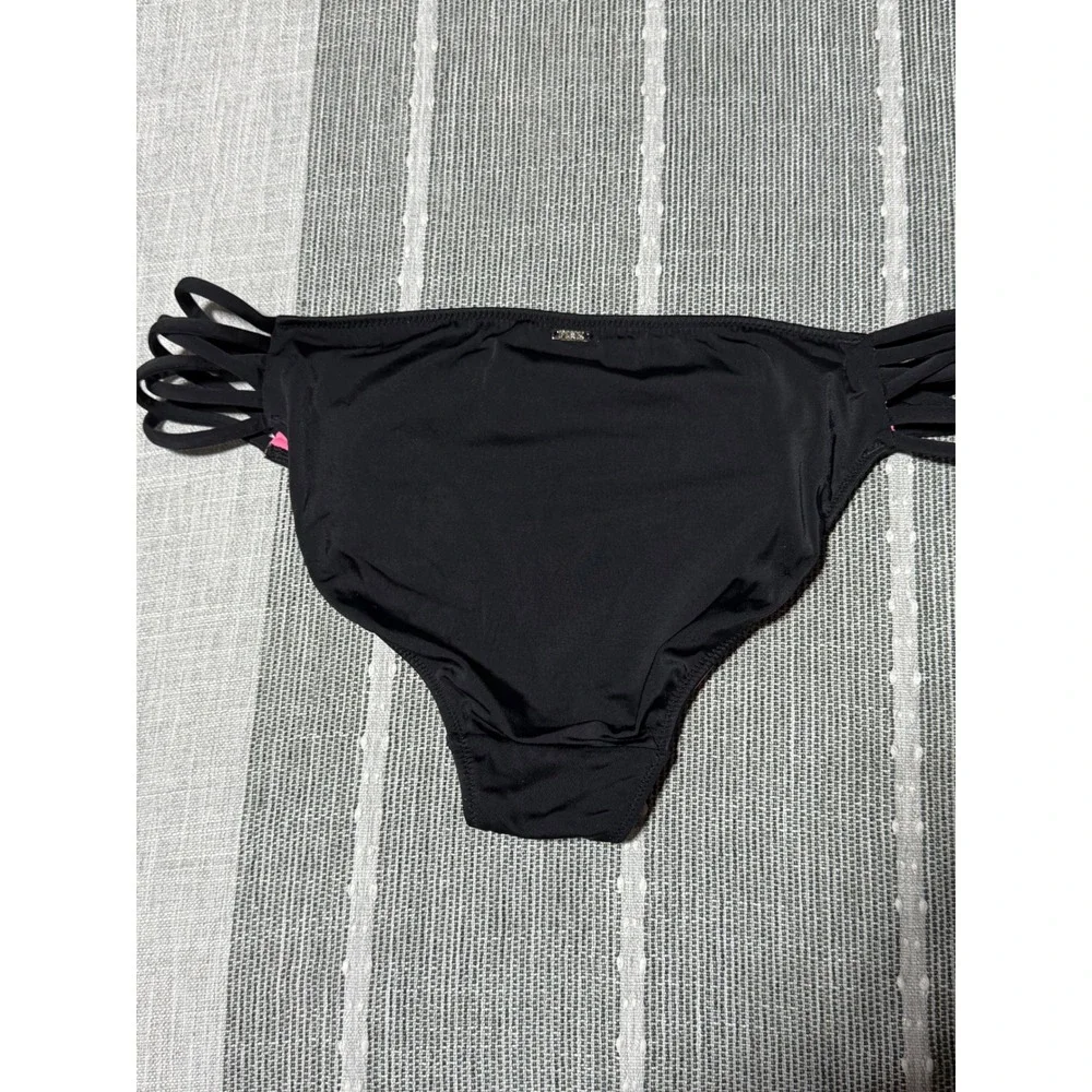 PINK Victoria's Secret Black Strappy Side Bikini Bottoms Neon Pink Lining Medium - Picture 3 of 4